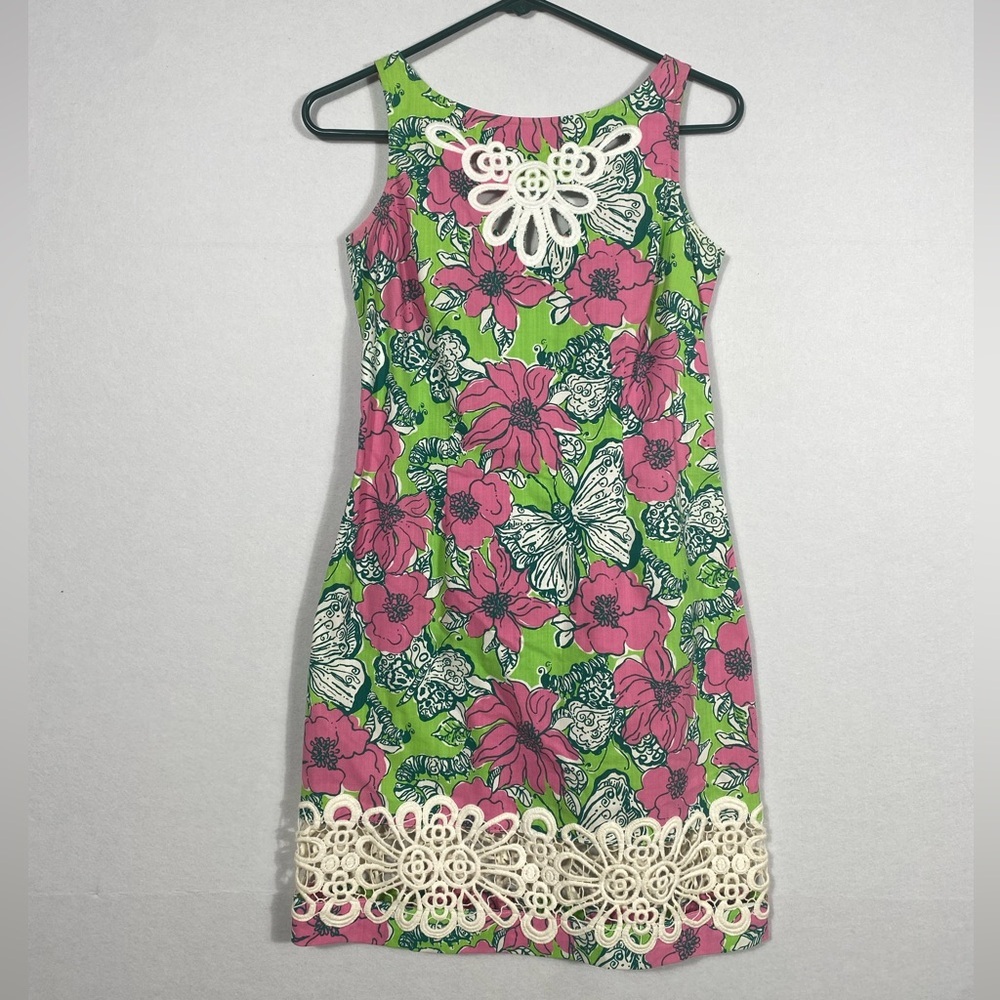 Lilly Pulitzer Floral Sleeveless Shift Dress w/Lace Accents & butterflies size 0